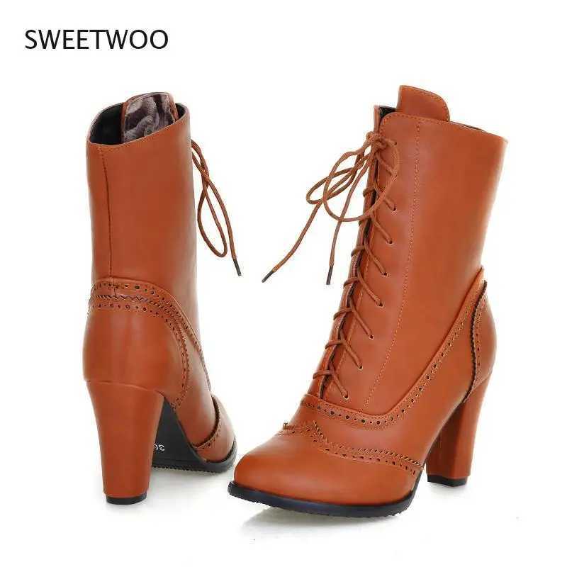 Womens boots sexy lace up boots womens classic leather lace up boots high heels mid length boots square high heels CL240906