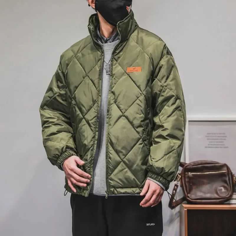 Winter Retro Rhombus Cotton Padded Coats Mens Casual Loose Lightweight Warm Bread Padded Jacket Unisex Standing Collar Parkas M240906