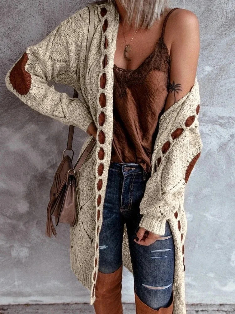Retro Womens Super Large Cap Long Open Knitted Sweater Crossover Plain Casual Brown Coat Sleeveless Jacket 240905