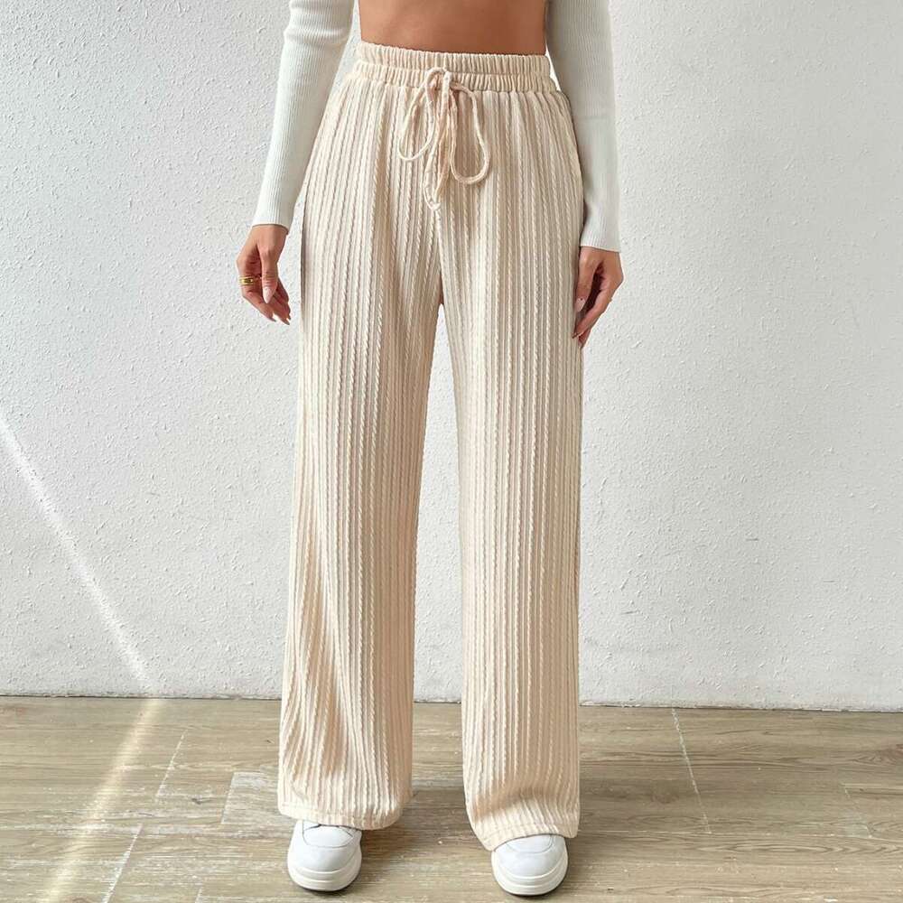 2024 New Texture Knitted Wide Leg Pants Elastic High Waist Solid Color Casual Loose Straight Women's Wear