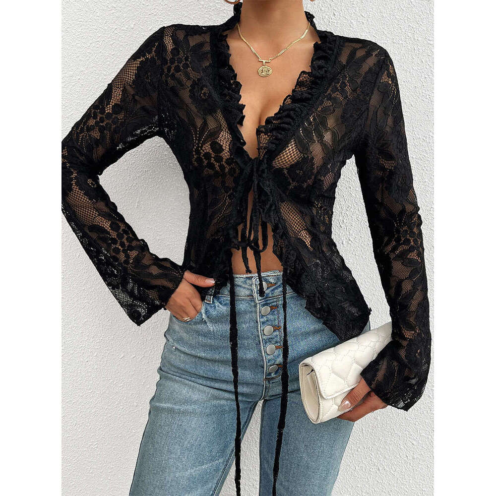 Women's 2024 autumn sexy slim fit long sleeved cardigan lace top for women