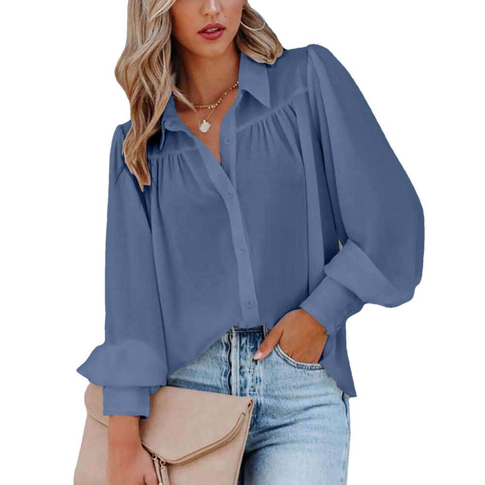 2024 buckle up top, lantern sleeve pleated solid standing collar, loose fitting shirt, long sleeved women's clothing