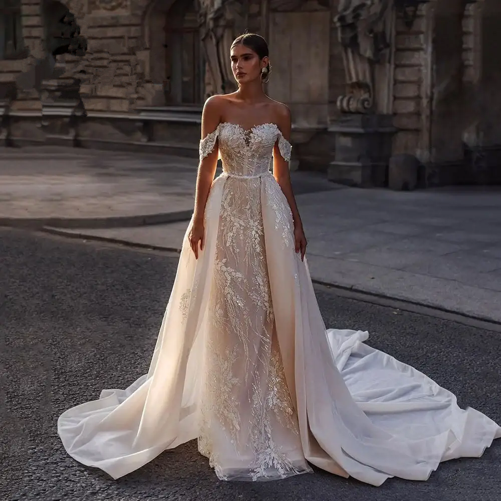 Exquisite Sequined Mermaid Wedding Dresses Deep Off The Shoulder Bridal Gowns Custom Made Shiny Sleeveless Detachable Train Vestido De Novia