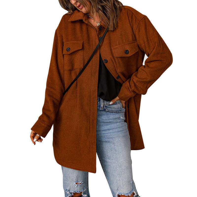 Corduroy in winter new solid color single breasted casual lapel woolen outerwear for women