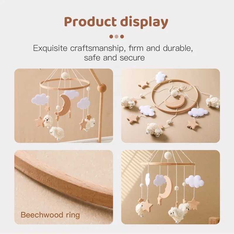 Wooden baby mouse mobile 0-12 months soft felt cartoon sheep star moon crescent music box hammock Bell mobile baby crib bracket toy W240815