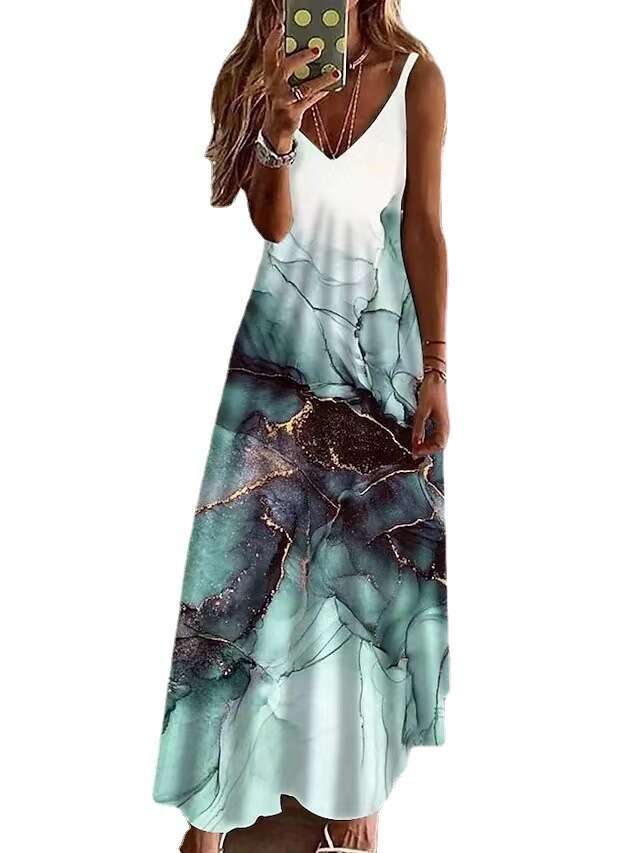 2023 Women's Summer V-neck Sexy A Version Long Loose Print Large Strap Dress