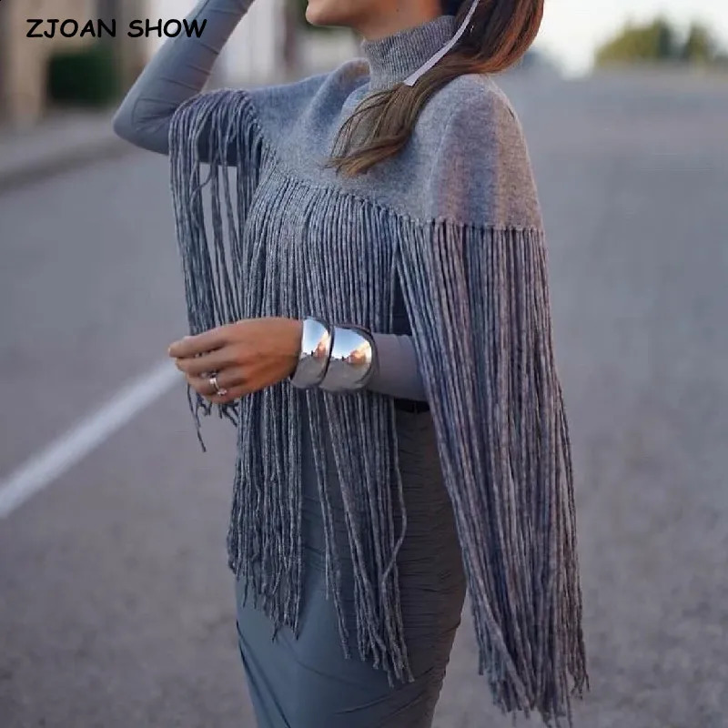 Spring and Autumn Grey Knitted Long tassel cardigan Womens High Collar Loose Ruffle Shawl Knitted Oversized Jumper 240904