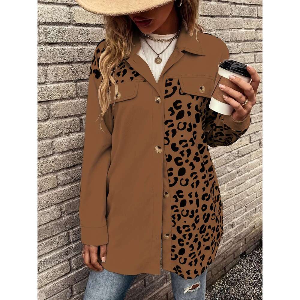 2024 cardigan top women's autumn and winter new item leopard print single breasted mid length shirt jacket for women