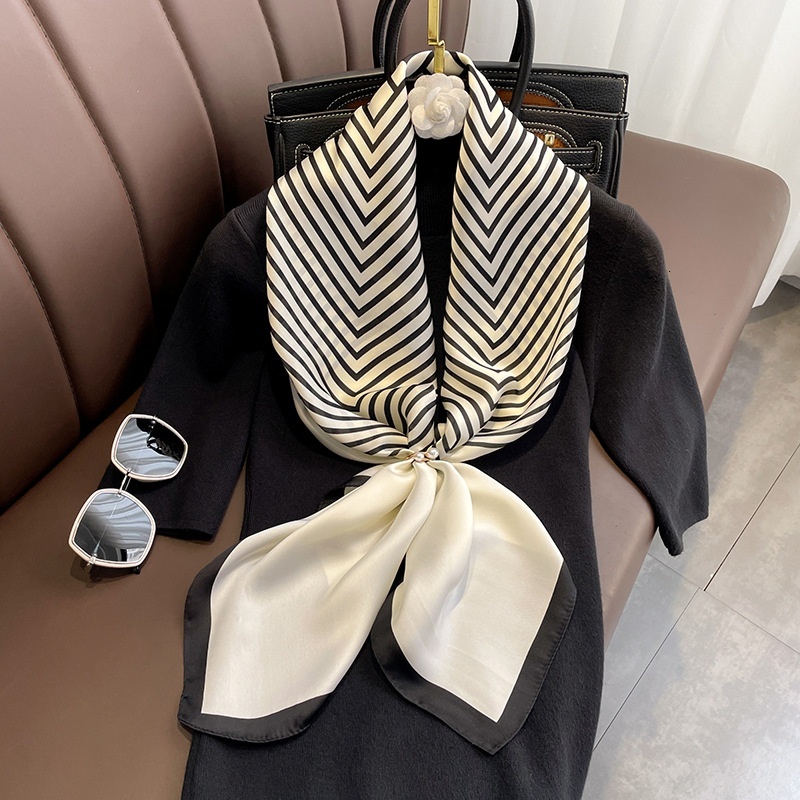 Fashionable luxurious 90cm imitation silk Japanese and Korean minimalist striped large square scarf, inset style multifunctional shawl scarf