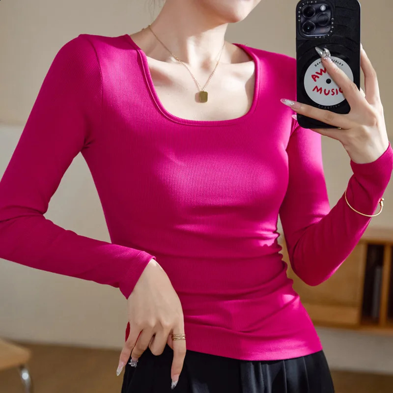 Wxw0411 autumn and winter elastic cotton long sleeved Tshirt for women square neckline sexy solid color tight fitting Korean style 240902