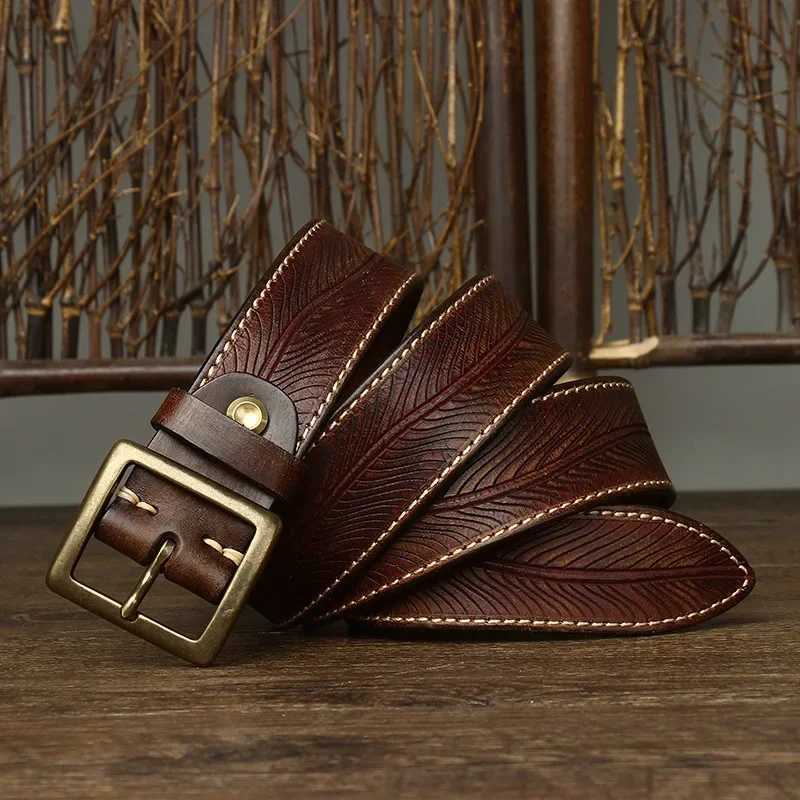 High quality genuine leather belt brass buckle fashionable retro jeans denim belt designer carved belt mens 3.8cm W240905