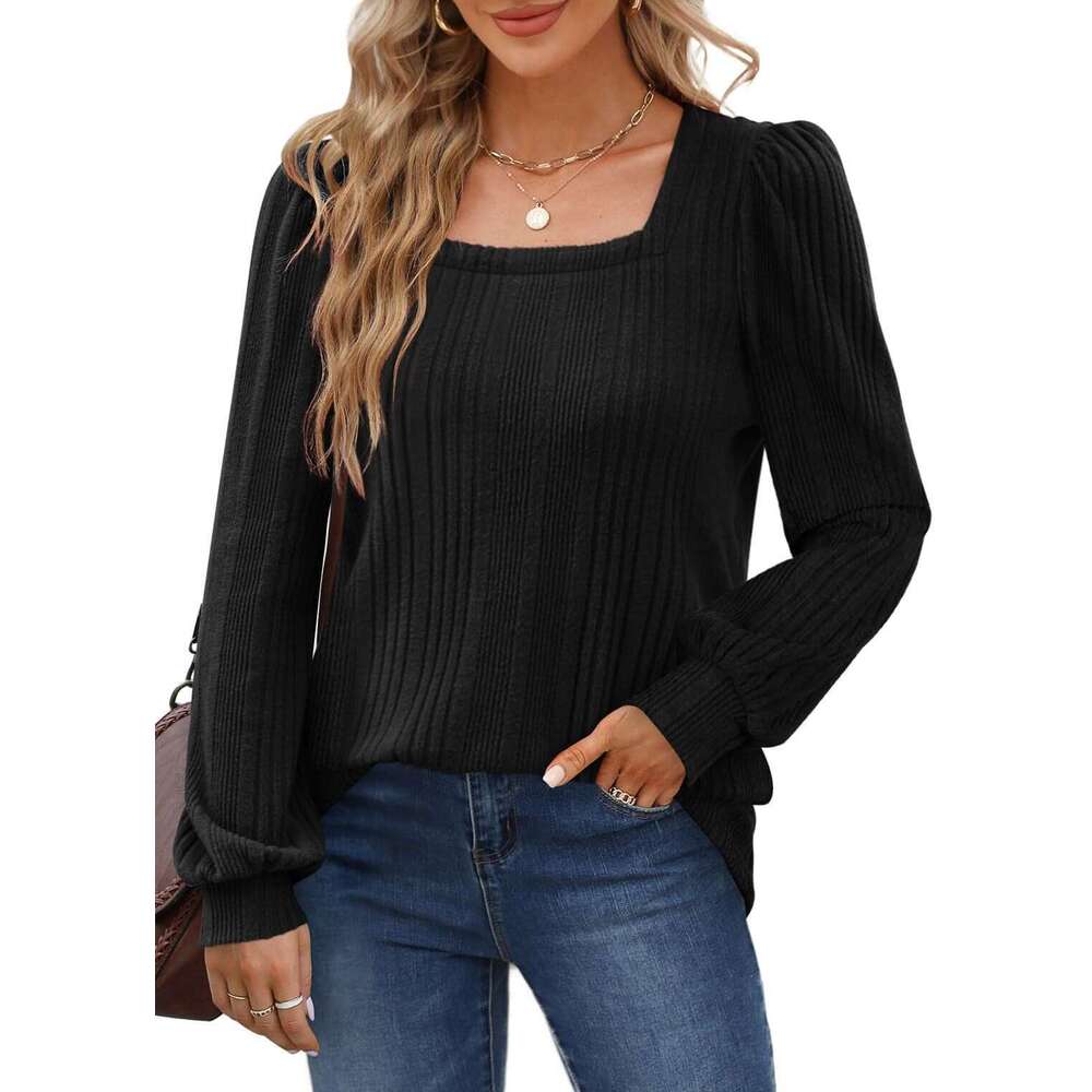 2024 Temu Autumn/Winter New Product Women's Pit Bar Square Collar Fashion Casual Long Sleeve Top