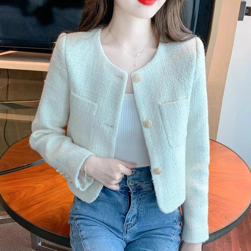 Rimocy Korean fashion tweed womens cut jacket spring round neck chic jacket womens beige single chest jacket women 240906