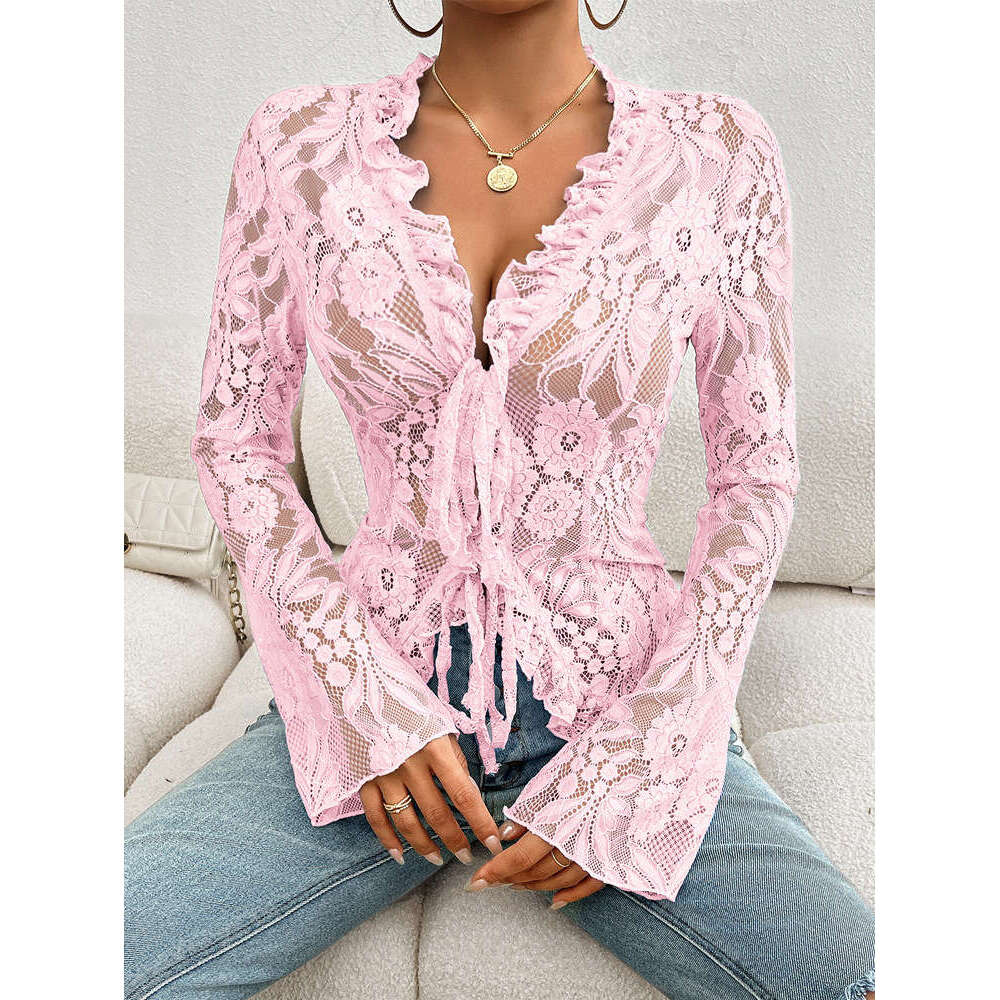 Women's 2024 autumn sexy slim fit long sleeved cardigan lace top for women
