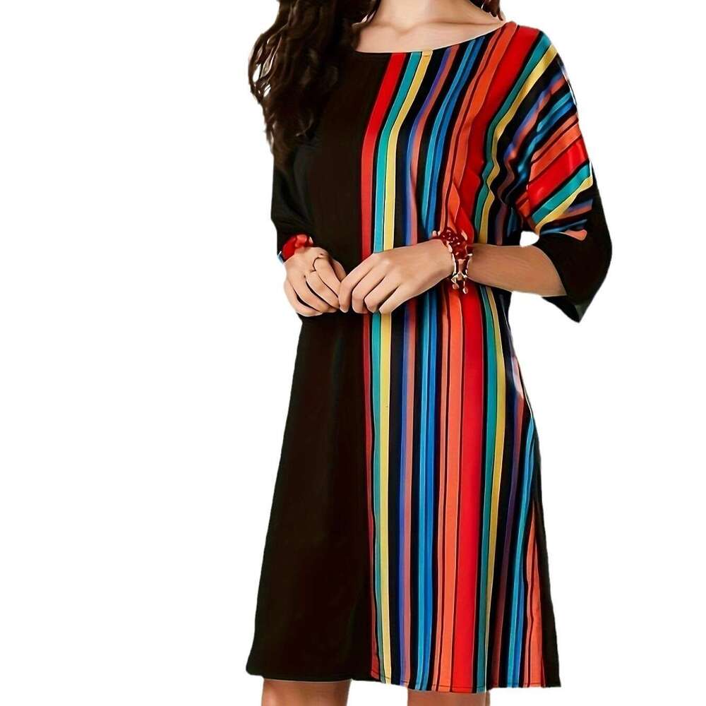 New Rainbow A-line Loose Dress for Spring and Summer 2024 Women's Wear, Half Sleeve