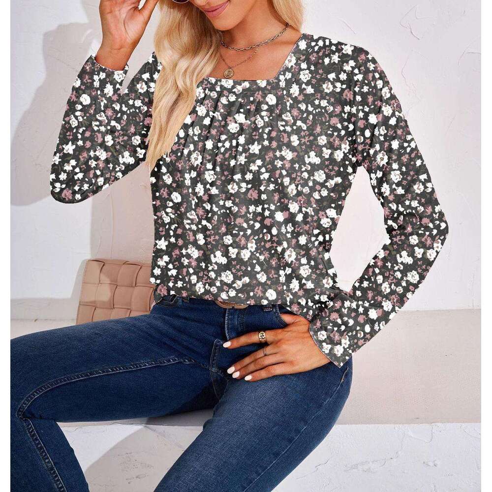 2024 Autumn/Winter Temu Square Neck Pleated Jacquard Long Sleeve Loose T-shirt Top Female