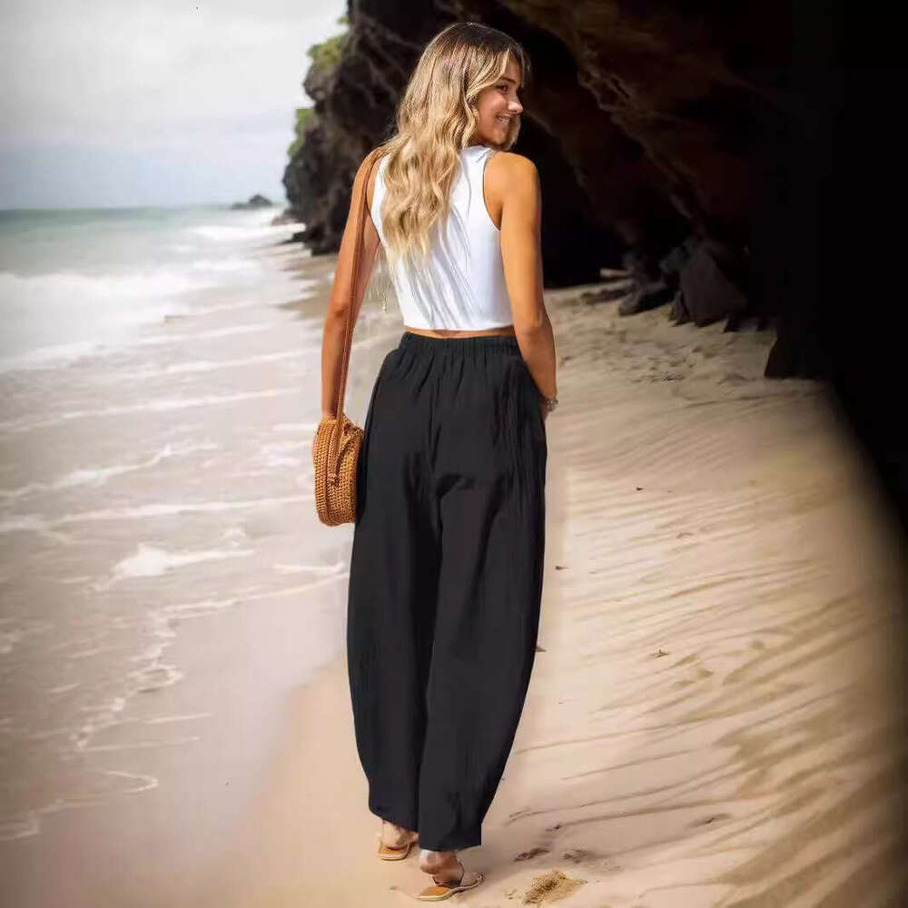 2024 Women's Cotton and Hemp Casual Vacation Style Elastic Waist Banana Pants Work Bag