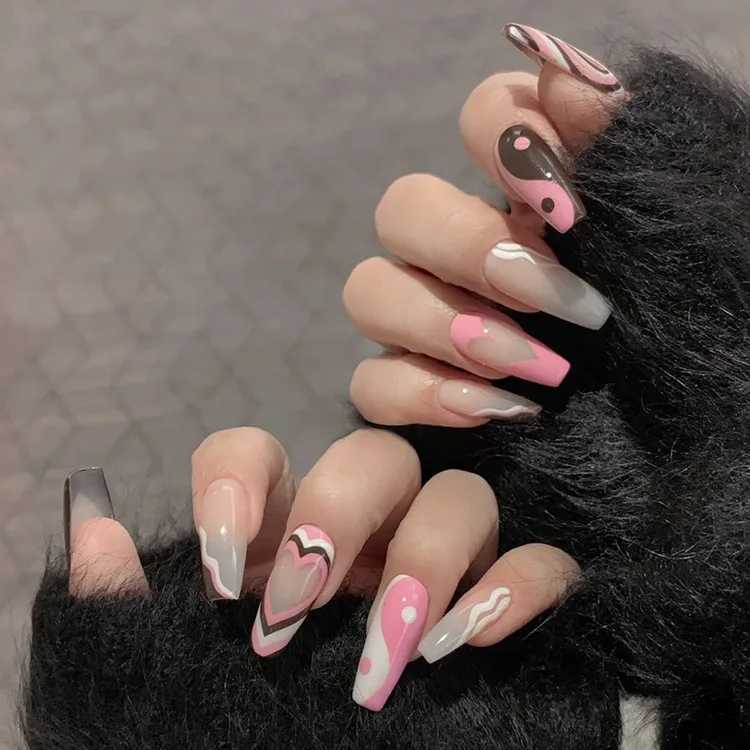 24P fashionable fake nails with design leopard full cover fake fingernails black brown thin high-heeled shoes pressed on French artificial nail glue W