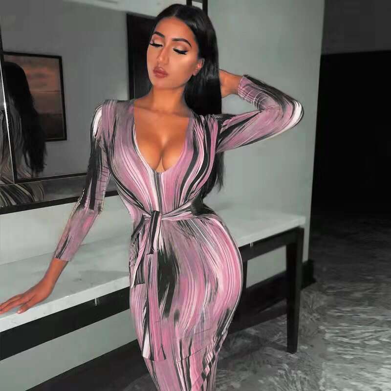 French skirt 2023 spring new style female sexy temperament personalized printed long sleeved V-neck dress women's clothing