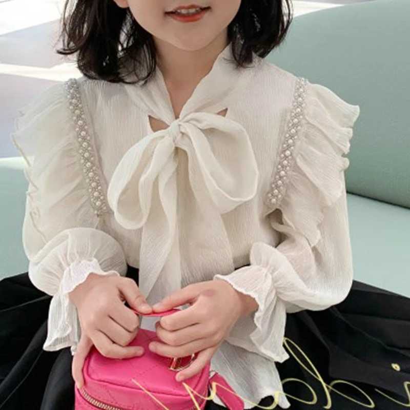Autumn Girls Shirt Ladies Style Beaded Tie Bow Tops Pressurized Wrinkle Stitching Flared Sleeve Spring Girls Fashion Kids Outfit Y240906