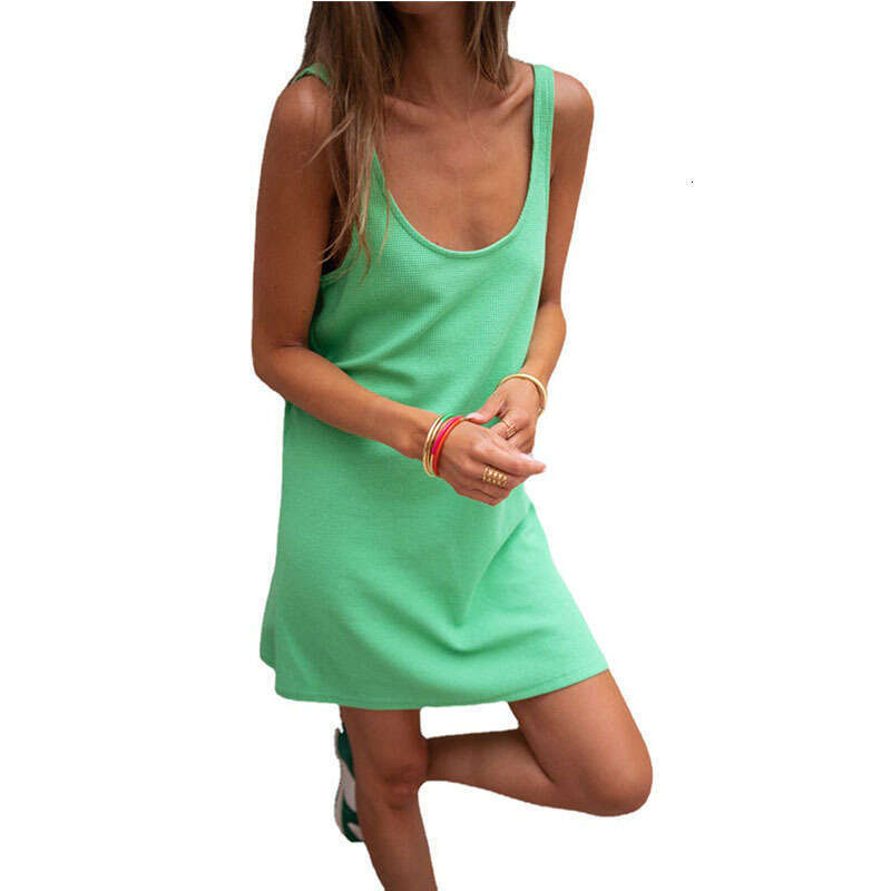 2023 New Solid Waffle Sleeveless Loose Strap Casual Tank Top Dress
