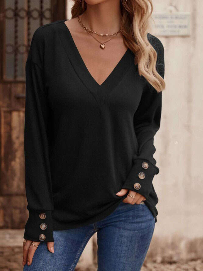 2024 Womens Autumn/Winter New Solid Color V-neck Loose Long sleeved T-shirt Button Up