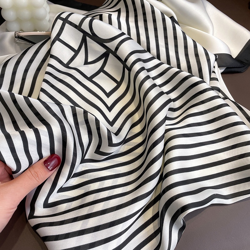 Fashionable luxurious 90cm imitation silk Japanese and Korean minimalist striped large square scarf, inset style multifunctional shawl scarf