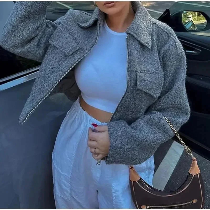 Women Elegant Solid Woolen Coat Zipper Long Sleeve Pocket Bomber Jacket Female 2024 Autumn Winter Casual Loose Streetwear Coats 240905