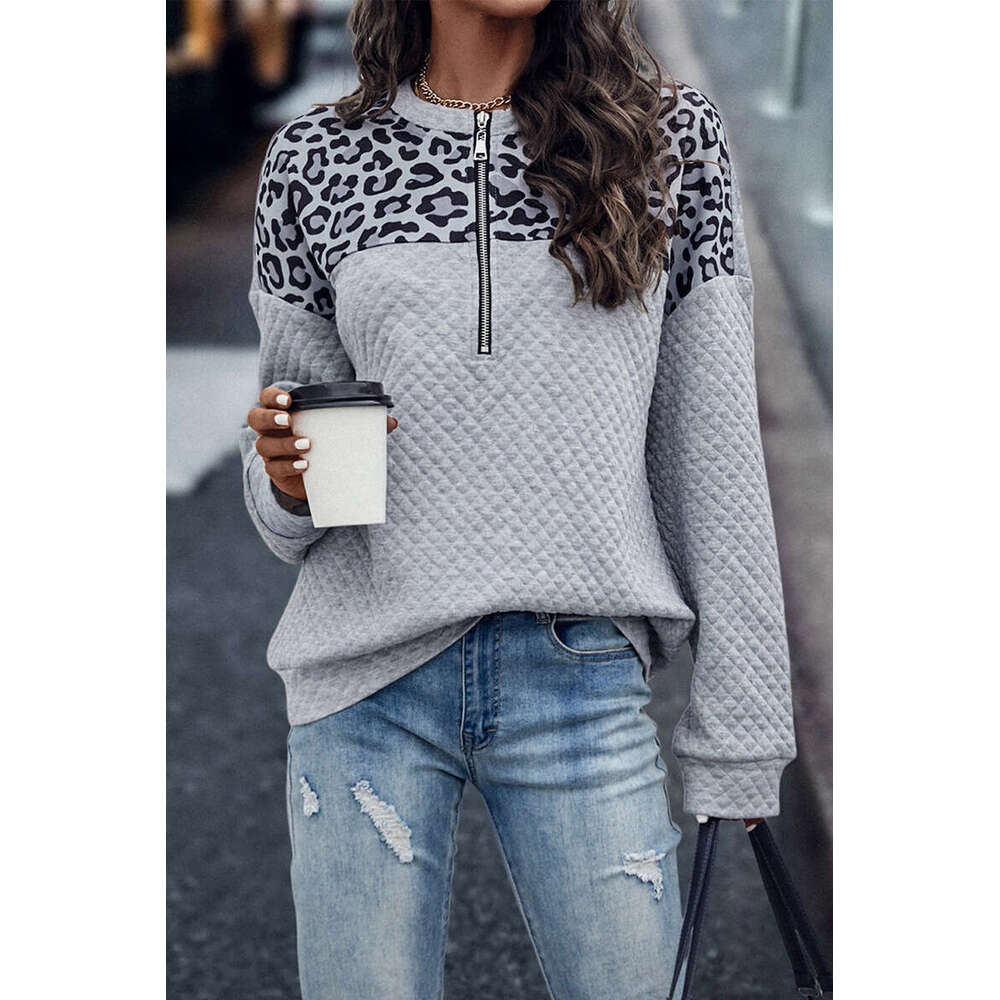 Fashion winter new leopard print patchwork shoulder zipper sweatshirt 2024 casual warm long sleeved top for women