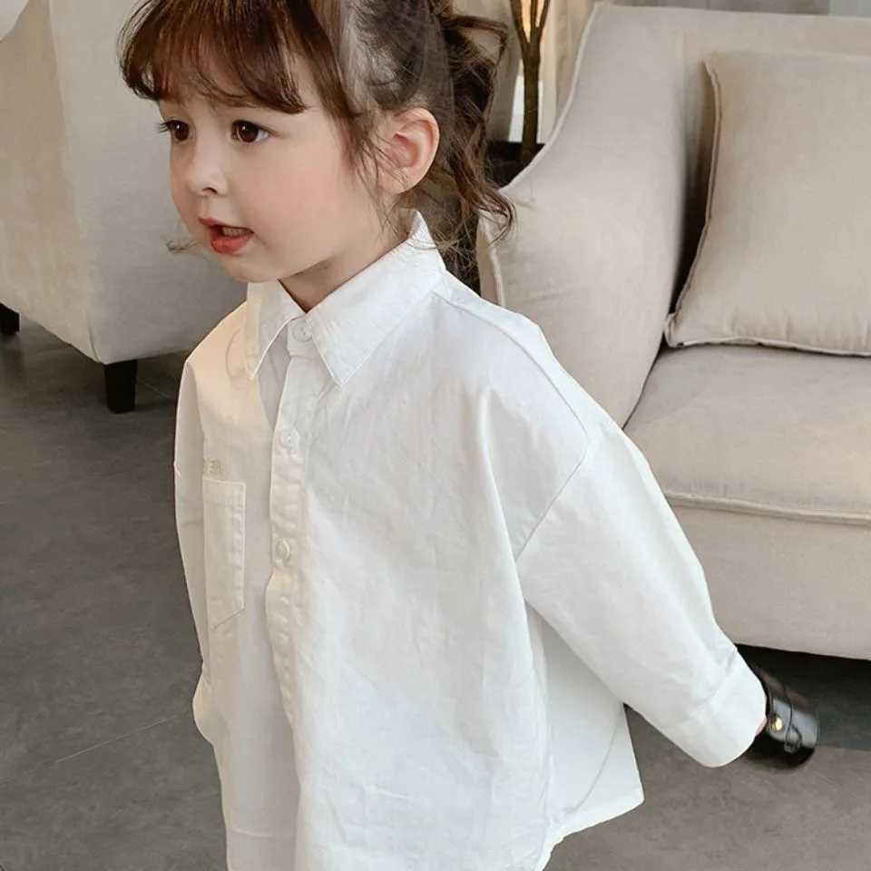 Spring and Autumn Girls Long Sleeve Shirt Baby Childrens Personality Korean Irregular Trendy White Shirt Y240906