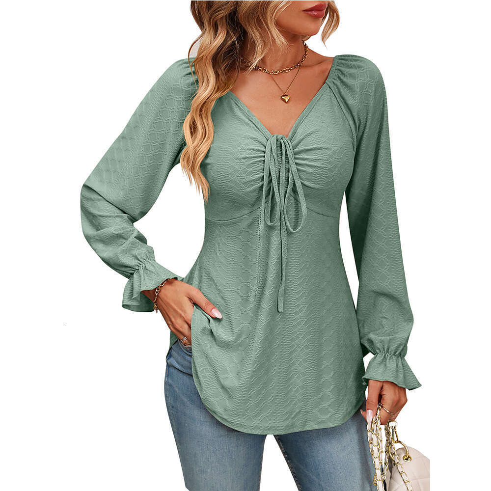 2024 Autumn New Womens V-neck drawstring waist sexy long sleeved solid color T-shirt