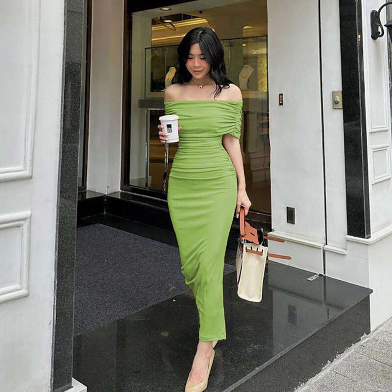 2023 Spring Off Shoulder Pleated Fit Slim Split Bottom Long Dress