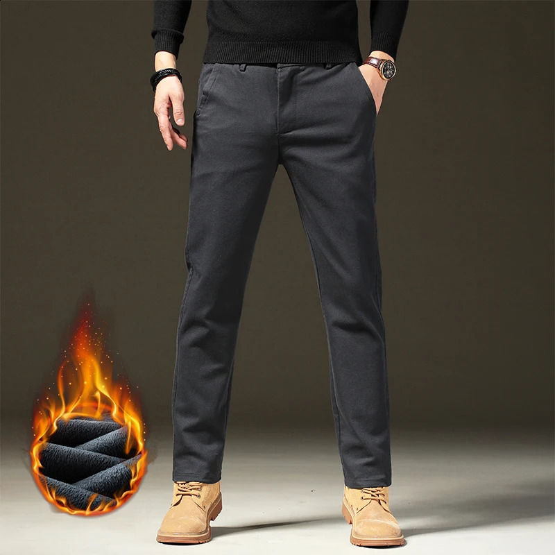clothing winter wool warm casual pants mens cotton elastic waist brown gray diagonal work ultrathin flocking goods 240905