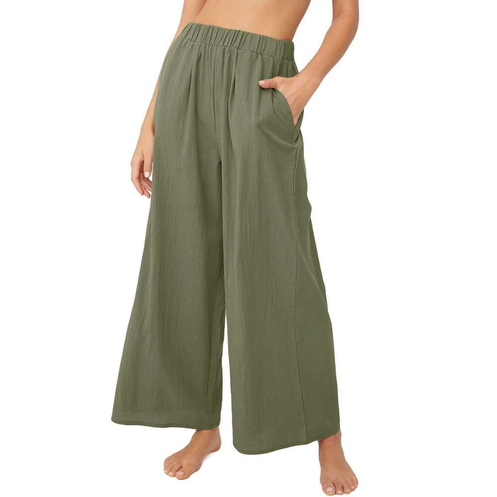 2024 Spring/Summer New Cotton and Hemp Women's Solid Color High Waist Loose Relaxed Wide Leg Pants