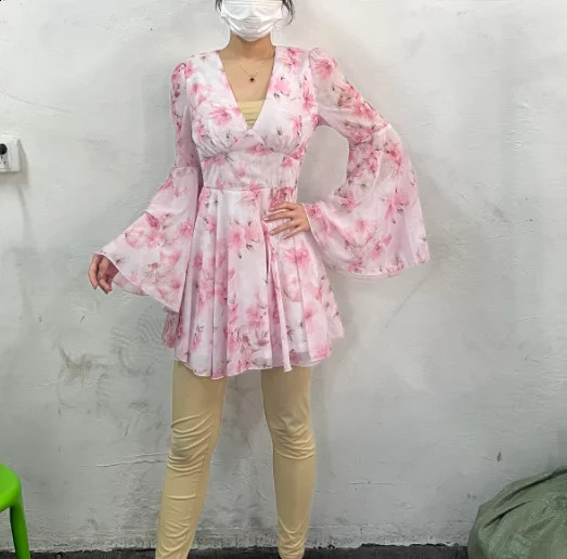 Romantic Style Womens Spring/Summer A-line Dress Long Sleeve Flower Printed Bell Sleeve Folded Day Vacation Dress 240906