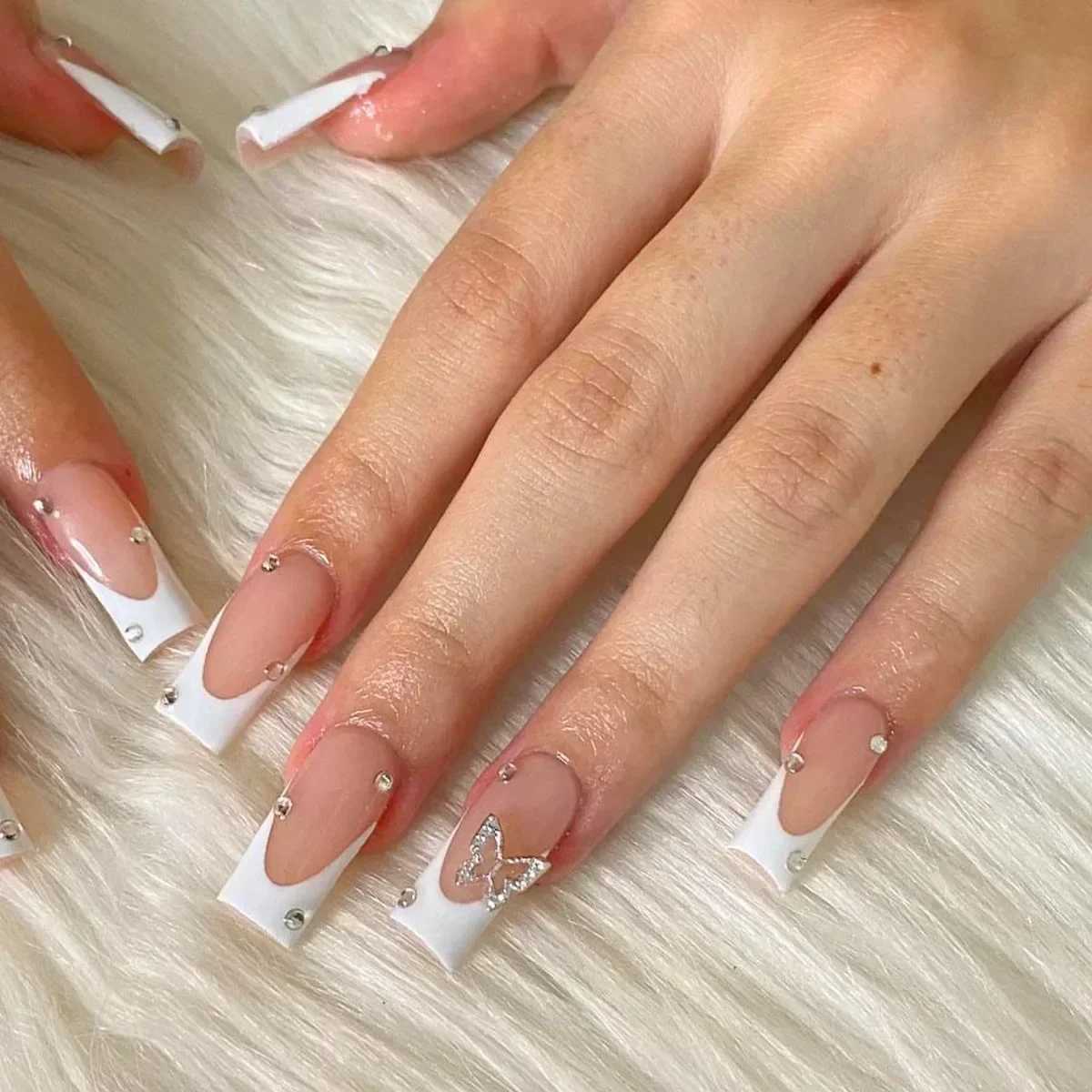 24 pieces of fake nails with adhesive butterfly design long coffin French ballet dancer fake nails complete set of acrylic nails pointed press nails W