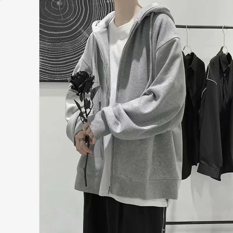 Mens Cardigan Sweatshirt Loose Fit Hooded Zippered Jacket Korean Style Trendy Casual Clothing Spring Autumn Arrival 240906