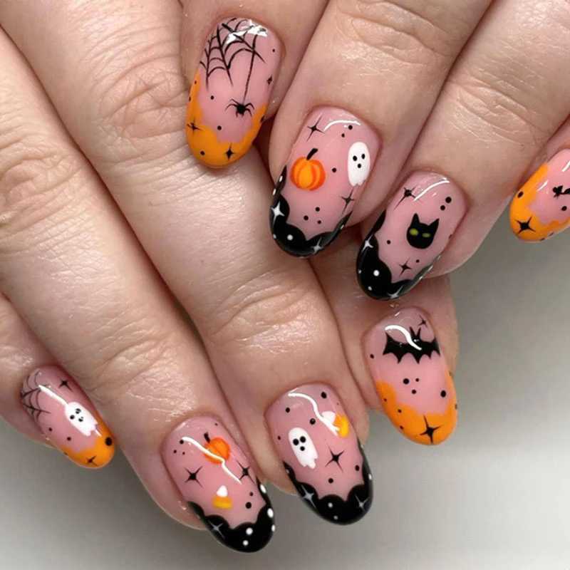 Halloween fake nail acrylic pressed nail almond shaped fully covered jelly glue nail cute ghost nail sticker W240905