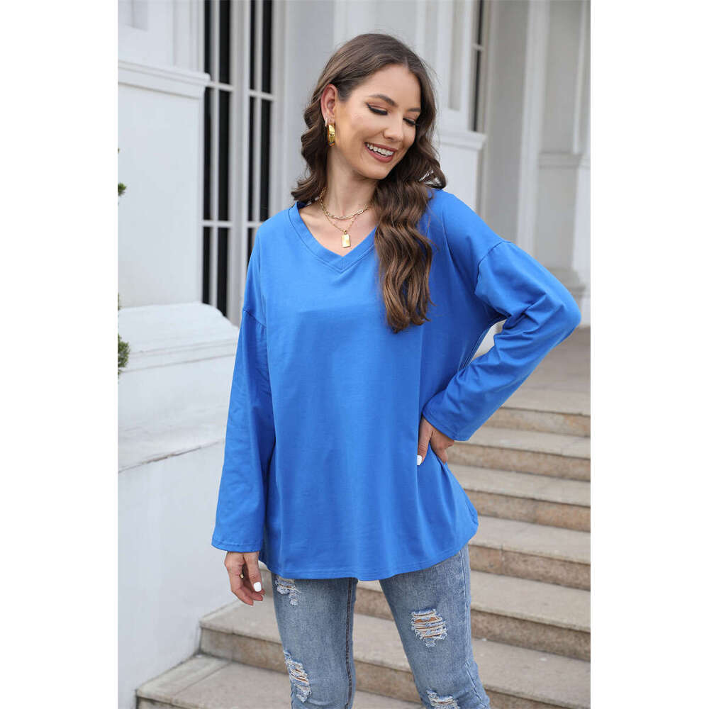 Extra large t-shirt 2022 new multi-color loose shoulder sleeves V-neck solid color womens top