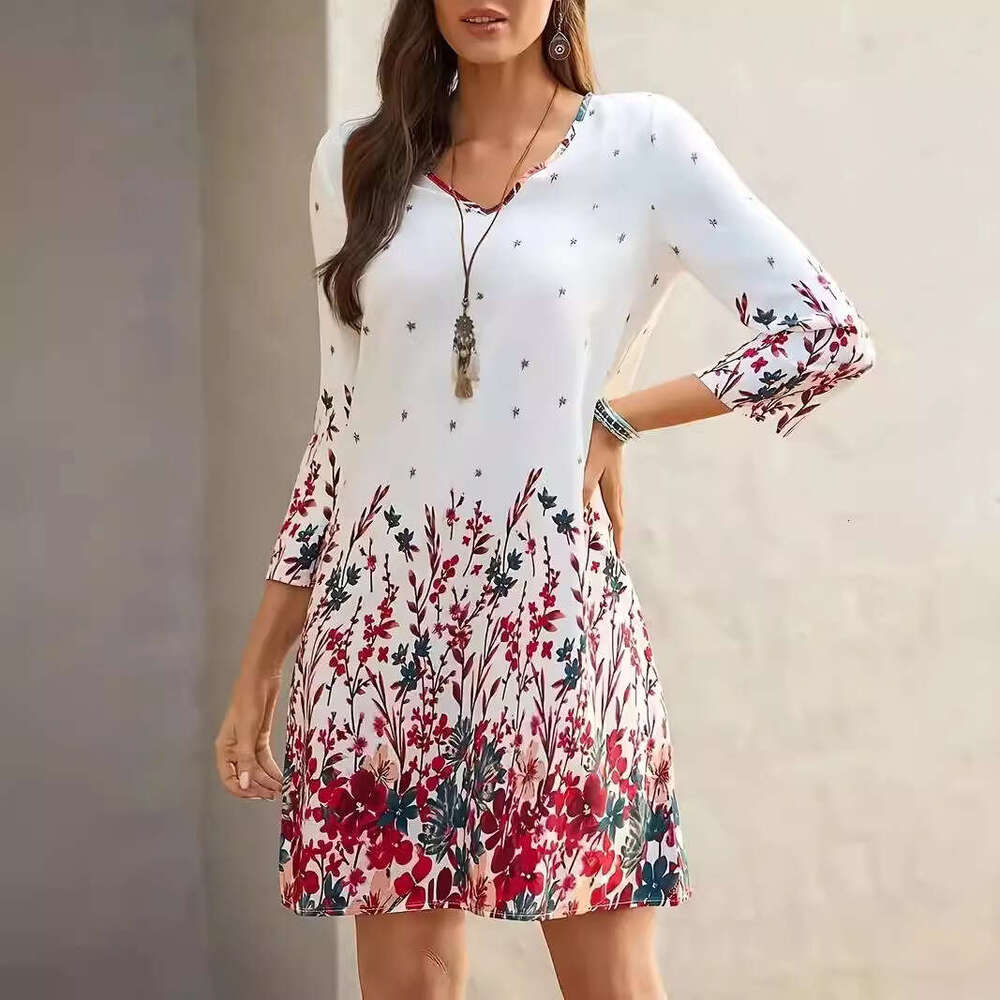 TMEU Women's New Printed Fashion V-neck Floral Dress for Spring and Summer 2024
