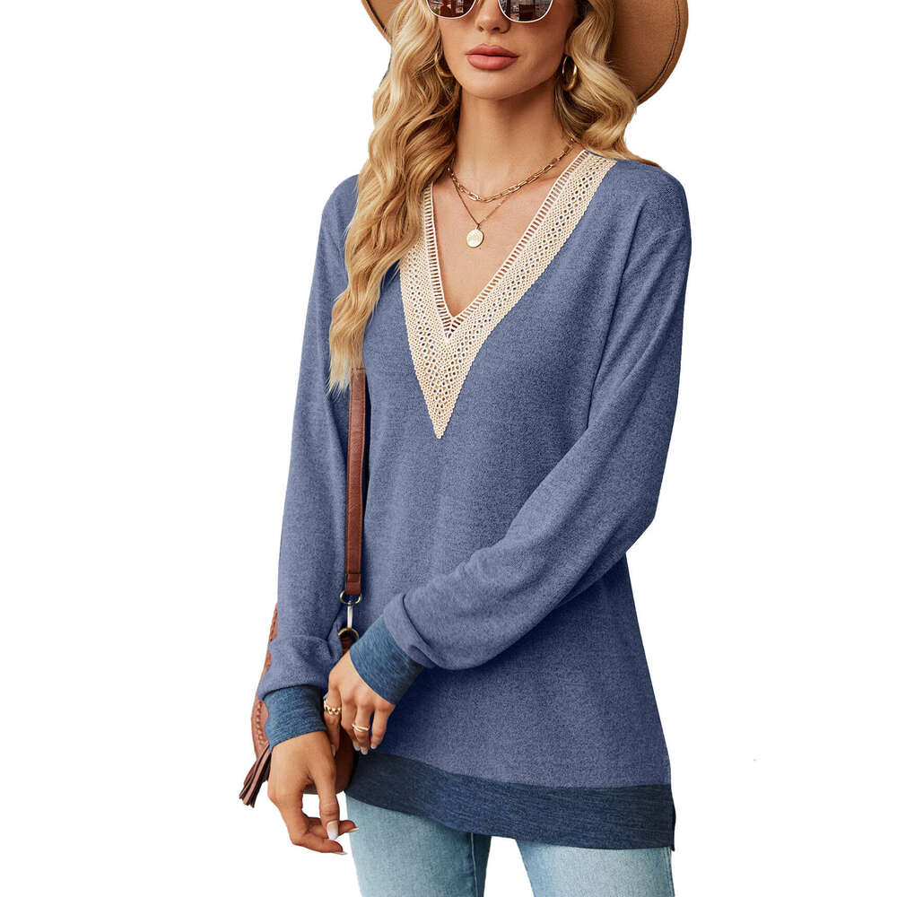 2024 Autumn/Winter Lace V-Neck Contrast Split Loose Sleeve T-shirt Top for Women