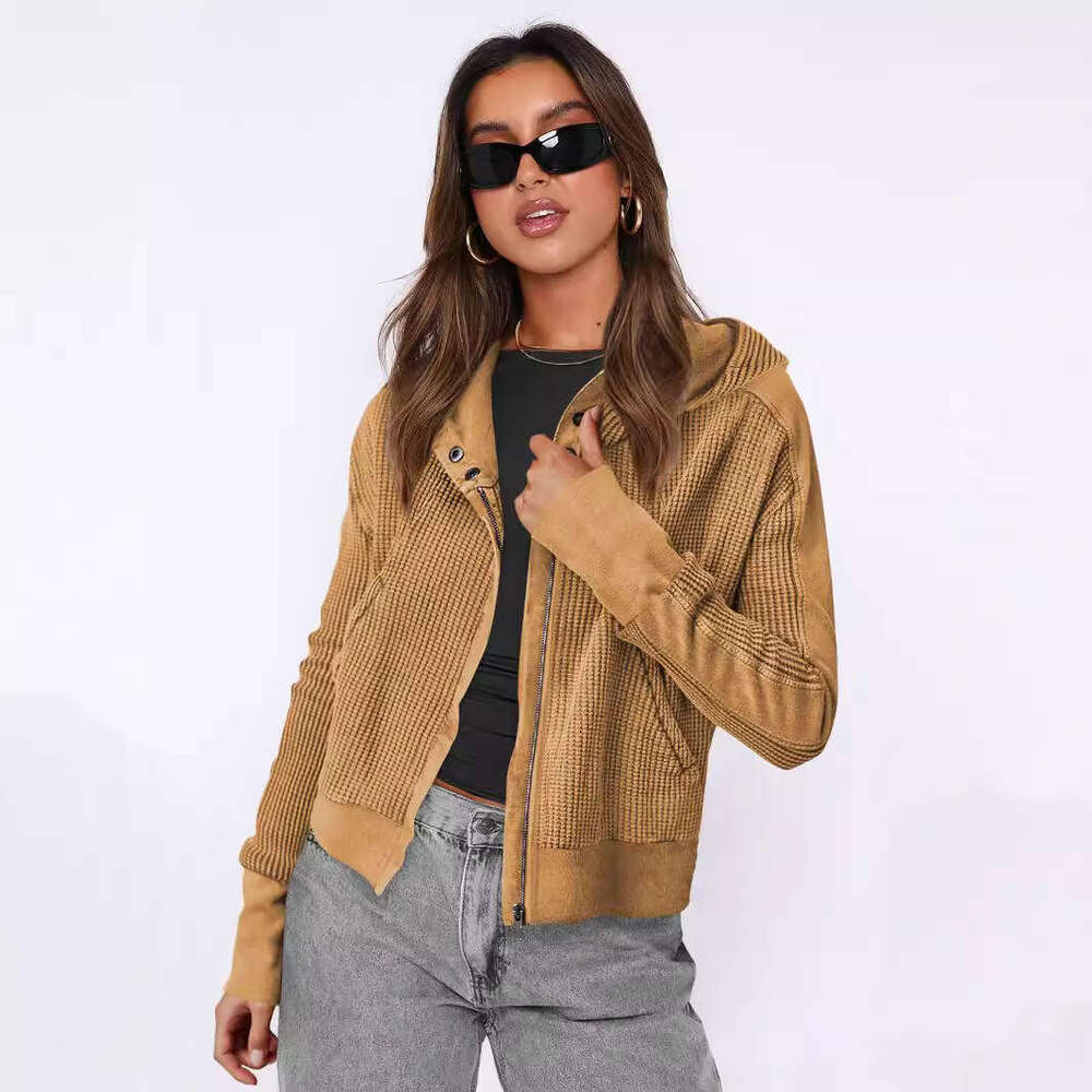 Jacket patchwork Women's hooded sweater Lazy style zippered hoodie Short knit