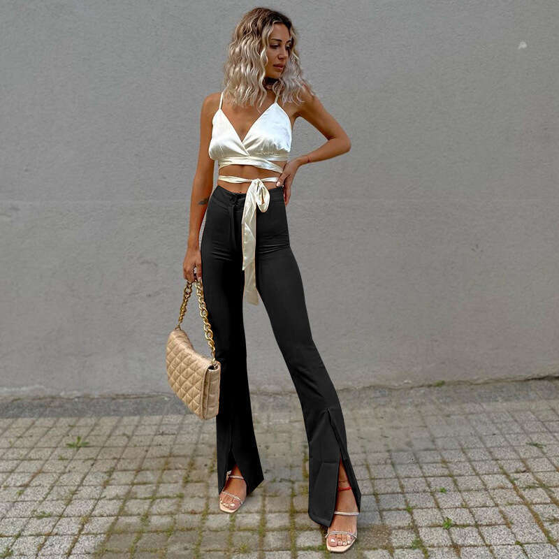 fashion temperament commuting slit small personality solid color bell bottom pants 2024 spring/summer style