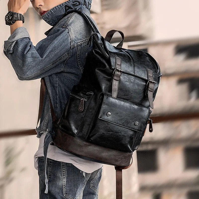 Men Pu Leather Backpack Mens Large Antitheft Travel Backpack Laptop Bag Black Bagpack School Male Business Shoulder Bag 240902