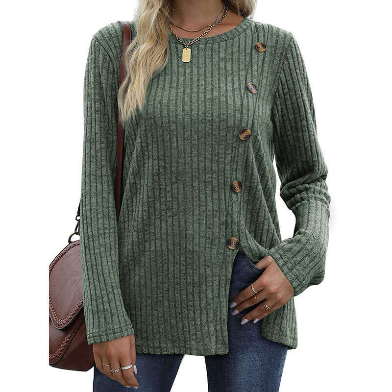 Button up women new fashionable autumn casual solid color long sleeved T-shirt for women