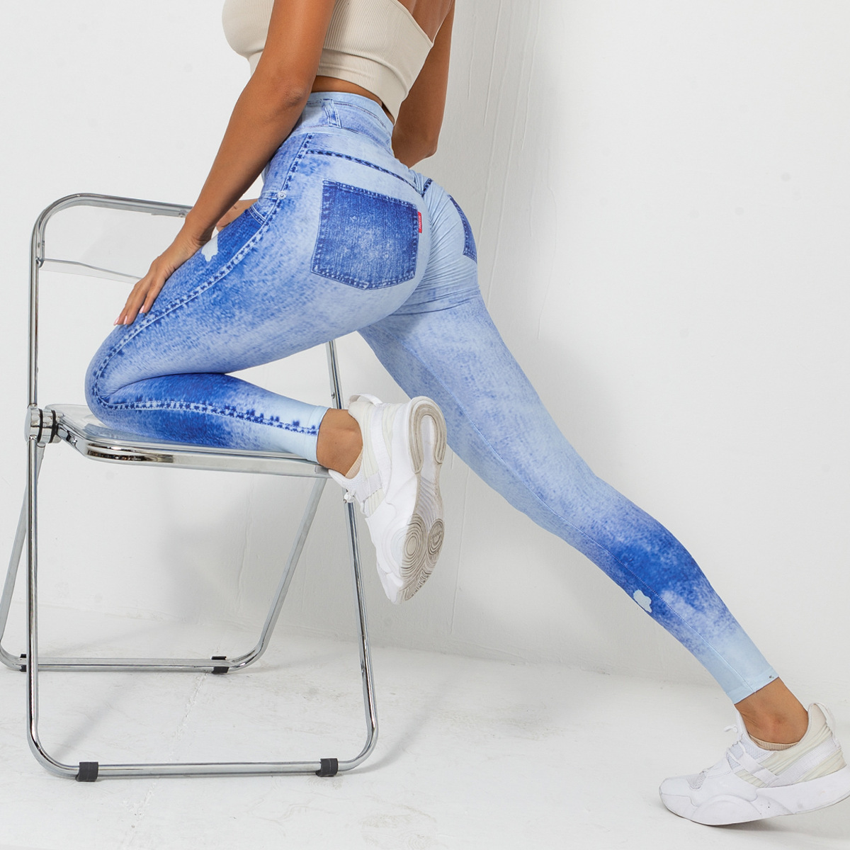 Digital printed denim blue height elastic quick drying yoga pants, sports running tight fitness pants for women