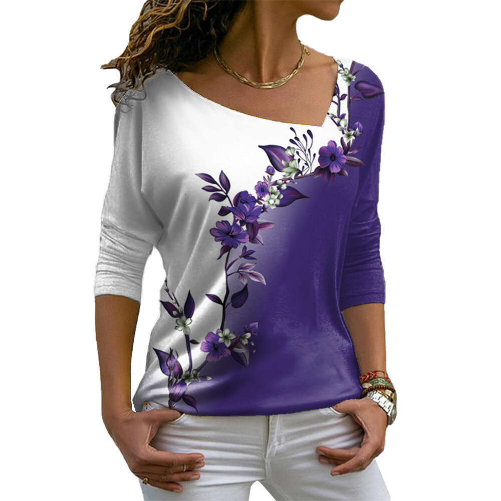 New womens V-neck flower T-shirt spring long sleeved top OZ070 Vogue Female Casual Shirt: Stylish Flowers Adorning a Soft & Flowy Cotton Blend Fabric
