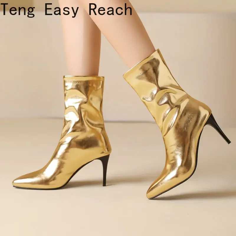 2024 FAshion Gold and Sier Womens Ankle Boots Thin High Heel Short Boots Pointed Toe Slip on Autumn Winter Womens Shoes Size 45 CL240906
