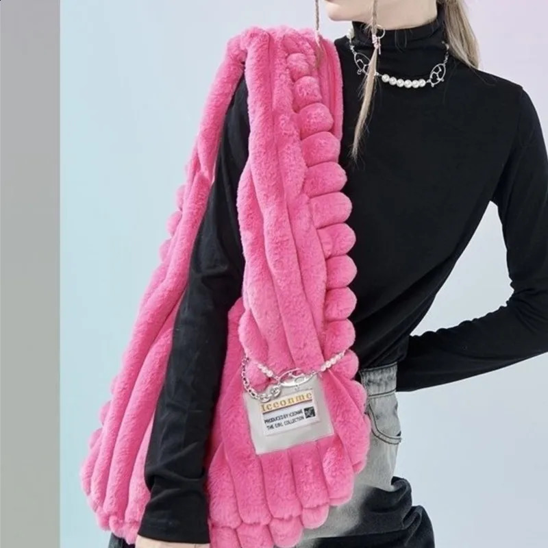 JIAERDI Pink Large Capacity Shoulder Bag for Women Retro Harajuku Fashion Plush Y2k Handbag Soft Bottom 240906