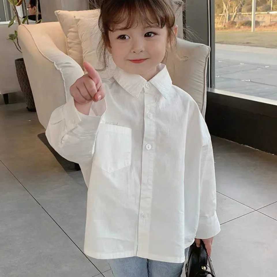 Spring and Autumn Girls Long Sleeve Shirt Baby Childrens Personality Korean Irregular Trendy White Shirt Y240906